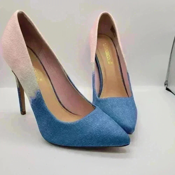 ShoeDazzle High Heels Pumps Denim Size 7.5 Light BLUE SOFT PINK Stiletto Pointed - Picture 2 of 12